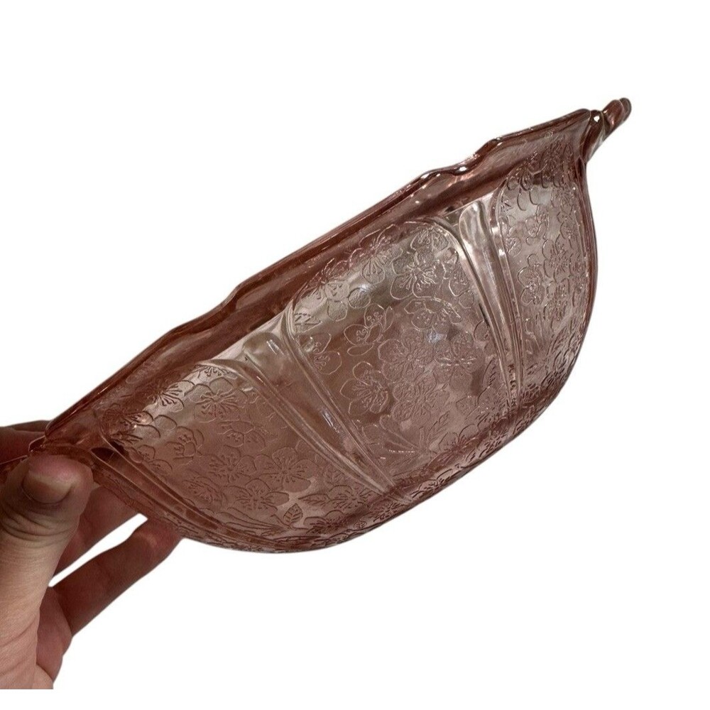 Jeannette Pink Cherry Blossom Depression Glass 11” Dual Handle Serving Bowl
